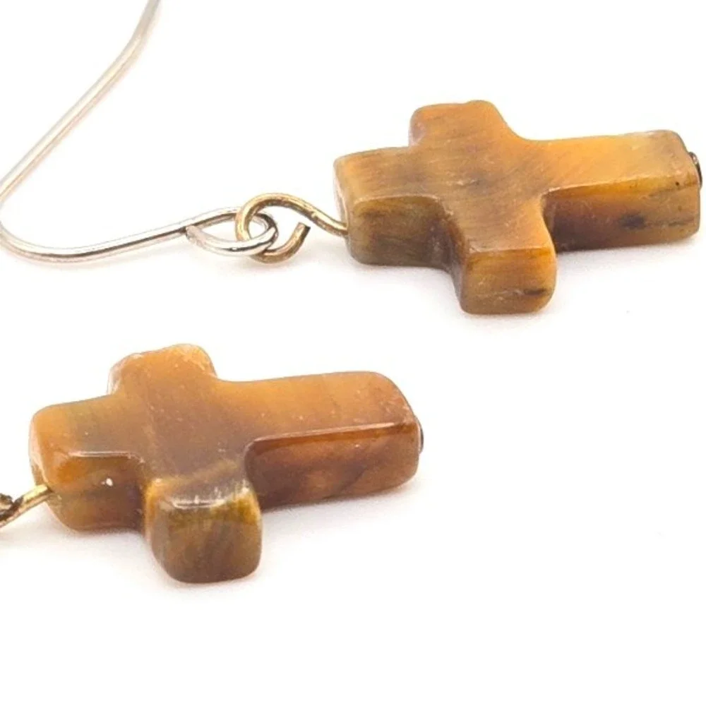 Handmade Tiger Eye Stone Cross Dangle Earrings Natural Gemstone Boho Silver Tone